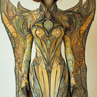 Tealgold Prospect Etching style, Midjourney V6.1: haute-couture fashion outfit