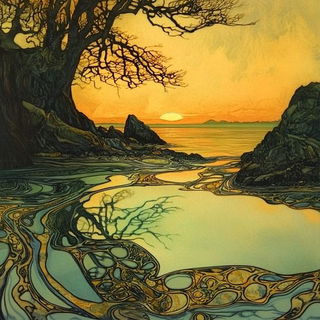 Tealgold Prospect Etching style, Midjourney V6.1: realistic landscape photograph of quiet dawn
