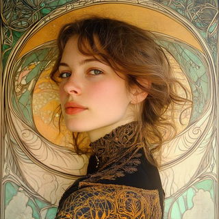 Tealgold Prospect Etching style, Midjourney V6.1: photographic portrait of female protagonist