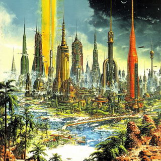 Tealway Migrants style, Midjourney V6.1: megacity with futuristic bioarchitecture