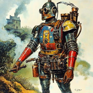 Tealway Migrants style, Midjourney V6.1: concept art character design of retropunk steam knight