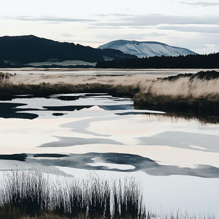 Ceruleanvast style, Midjourney V6.1: realistic landscape photograph of quiet dawn