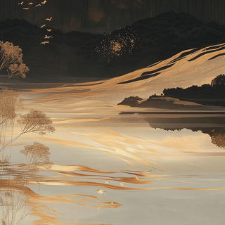 Flame Marbling style, Midjourney V6.1: realistic landscape photograph of quiet dawn
