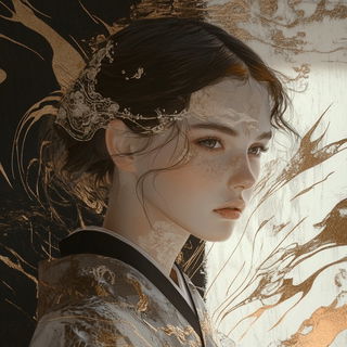 Flame Marbling style, Midjourney V6.1: photographic portrait of female protagonist