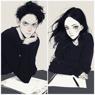 Waterfall Masque style, Midjourney V6.1: black-and-white manga comic strip
