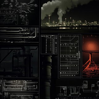 Contourmask style, Midjourney V6.1: technical infrastructure blueprint schematics