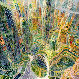 Pyroderm style, Midjourney V6.1: megacity with futuristic bioarchitecture