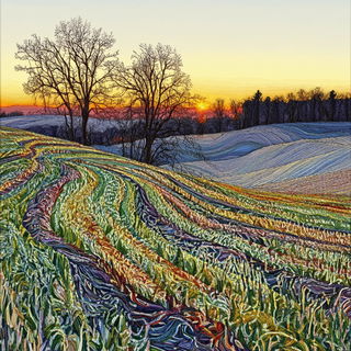 Pyroderm style, Midjourney V6.1: realistic landscape photograph of quiet dawn