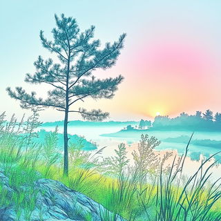 Anvilcurl style, Midjourney V6.1: realistic landscape photograph of quiet dawn