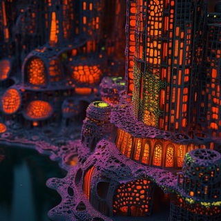 Contourstitch style, Midjourney V6.1: megacity with futuristic bioarchitecture