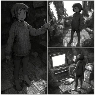 Contourstitch style, Midjourney V6.1: black-and-white manga comic strip