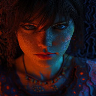 Contourstitch style, Midjourney V6.1: photographic portrait of female protagonist