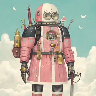 Risofern style, Midjourney V6.1: concept art character design of retropunk steam knight