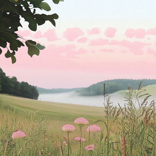 Risofern style, Midjourney V6.1: realistic landscape photograph of quiet dawn