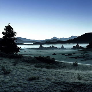 Photocollage Gearpunk style, Midjourney V6.1: realistic landscape photograph of quiet dawn