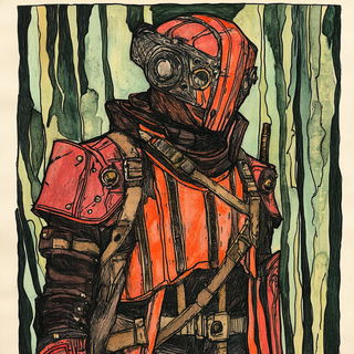 Climafresco style, Midjourney V6.1: concept art character design of retropunk steam knight