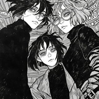 Climafresco style, Midjourney V6.1: black-and-white manga comic strip