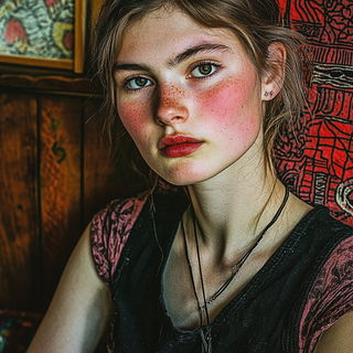 Climafresco style, Midjourney V6.1: photographic portrait of female protagonist