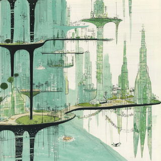 Iridescapes style, Midjourney V6.1: megacity with futuristic bioarchitecture