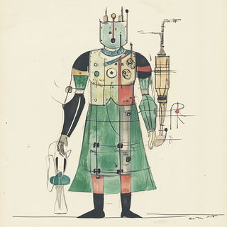 Iridescapes style, Midjourney V6.1: concept art character design of retropunk steam knight