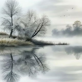 Chiaroscuro Horseplay style, Midjourney V6.1: realistic landscape photograph of quiet dawn