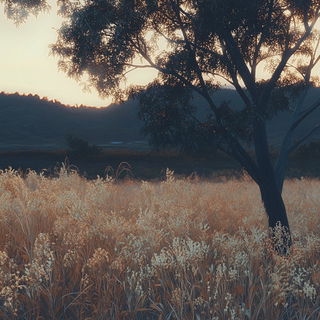 Hillside Letterform style, Midjourney V6.1: realistic landscape photograph of quiet dawn