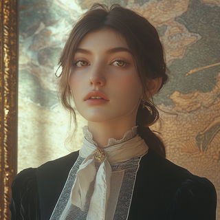 Hillside Letterform style, Midjourney V6.1: photographic portrait of female protagonist