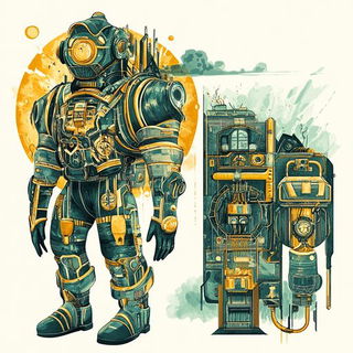 Gradient Loom Theory style, Midjourney V6.1: concept art character design of retropunk steam knight