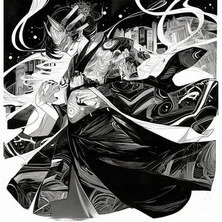 Gradient Loom Theory style, Midjourney V6.1: black-and-white manga comic strip