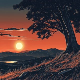 Silhouette Zenography style, Midjourney V6.1: realistic landscape photograph of quiet dawn