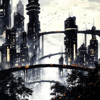 Woodland Cinemanga style, Midjourney V6.1: megacity with futuristic bioarchitecture
