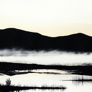 Woodland Cinemanga style, Midjourney V6.1: realistic landscape photograph of quiet dawn