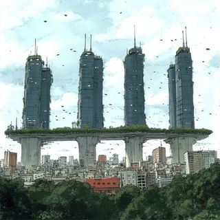 Chromacubist Folkcut style, Midjourney V6.1: megacity with futuristic bioarchitecture