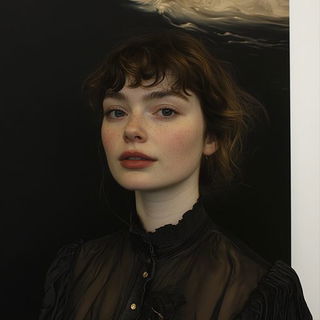 Brushbloom style, Midjourney V6.1: photographic portrait of female protagonist