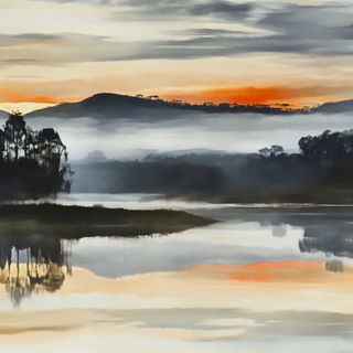 Softscour style, Midjourney V6.1: realistic landscape photograph of quiet dawn