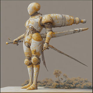 Peakimpression style, Midjourney V6.1: concept art character design of retropunk steam knight