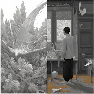 Peakimpression style, Midjourney V6.1: black-and-white manga comic strip