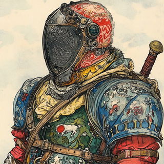 Ornamental Rodplay style, Midjourney V6.1: concept art character design of retropunk steam knight