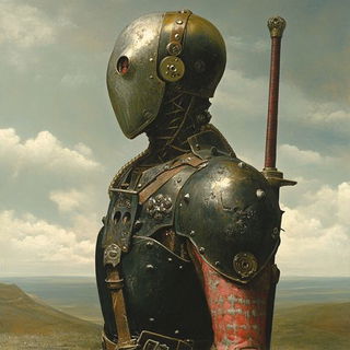 Swirlgouache style, Midjourney V6.1: concept art character design of retropunk steam knight
