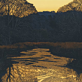 Marbled Headlight District style, Midjourney V6.1: realistic landscape photograph of quiet dawn