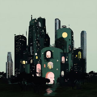 Playfield Collage Surreal style, Midjourney V6.1: megacity with futuristic bioarchitecture