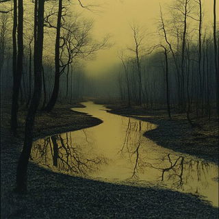 Sunthread Chiaroscura style, Midjourney V6.1: realistic landscape photograph of quiet dawn