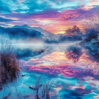 Inkmonolithism style, Midjourney V6.1: realistic landscape photograph of quiet dawn
