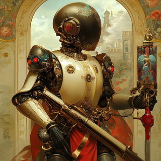 Engraventure style, Midjourney V6.1: concept art character design of retropunk steam knight