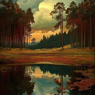 Engraventure style, Midjourney V6.1: realistic landscape photograph of quiet dawn