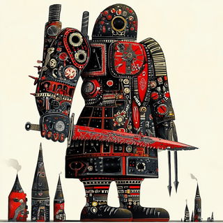 Fauvist Enamel Flux style, Midjourney V6.1: concept art character design of retropunk steam knight