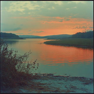 Blockprint Editorialism style, Midjourney V6.1: realistic landscape photograph of quiet dawn