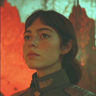 Blockprint Editorialism style, Midjourney V6.1: photographic portrait of female protagonist