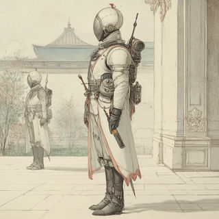 Redlintel style, Midjourney V6.1: concept art character design of retropunk steam knight