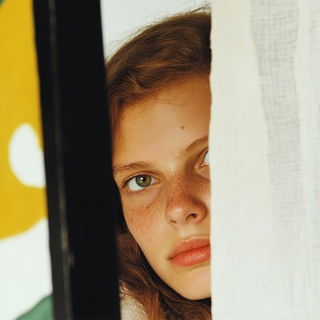Misregistration Red style, Midjourney V6.1: photographic portrait of female protagonist